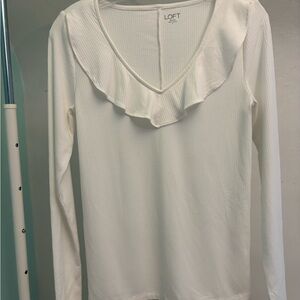 LOFT Cream Ruffle V-Neck Blouse